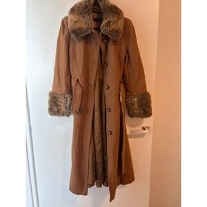 Attitude Penny Lane Maxi Coat Wool Blend Faux Fur Trim Camel Brown Boho Size 6